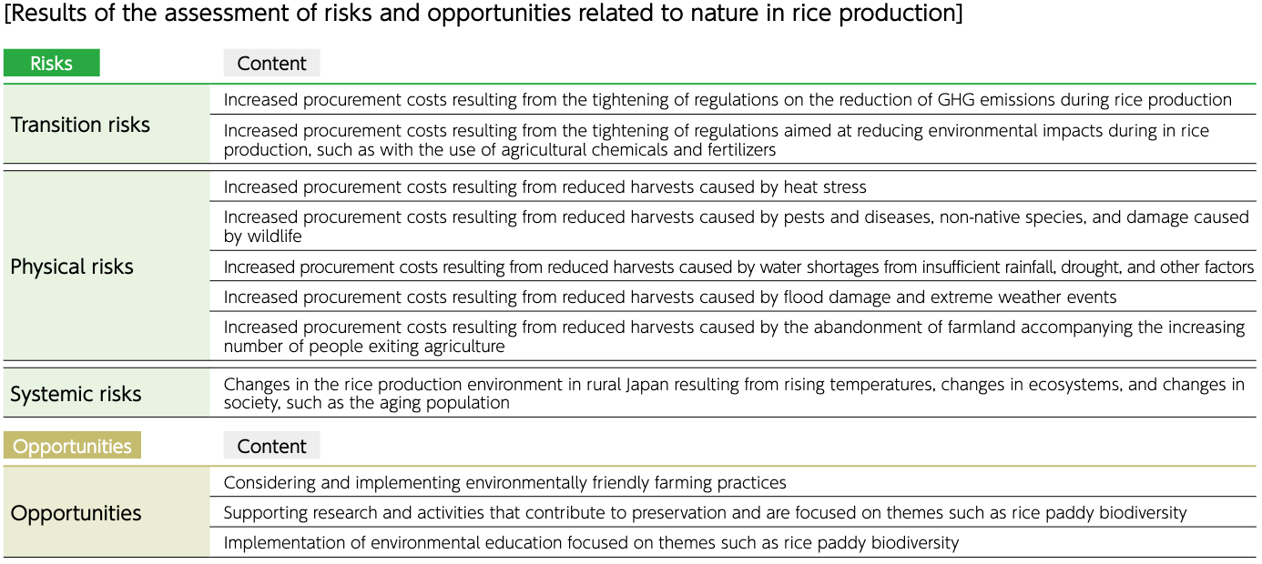 Results of the assessment of risks and opportunities related to nature in rice production