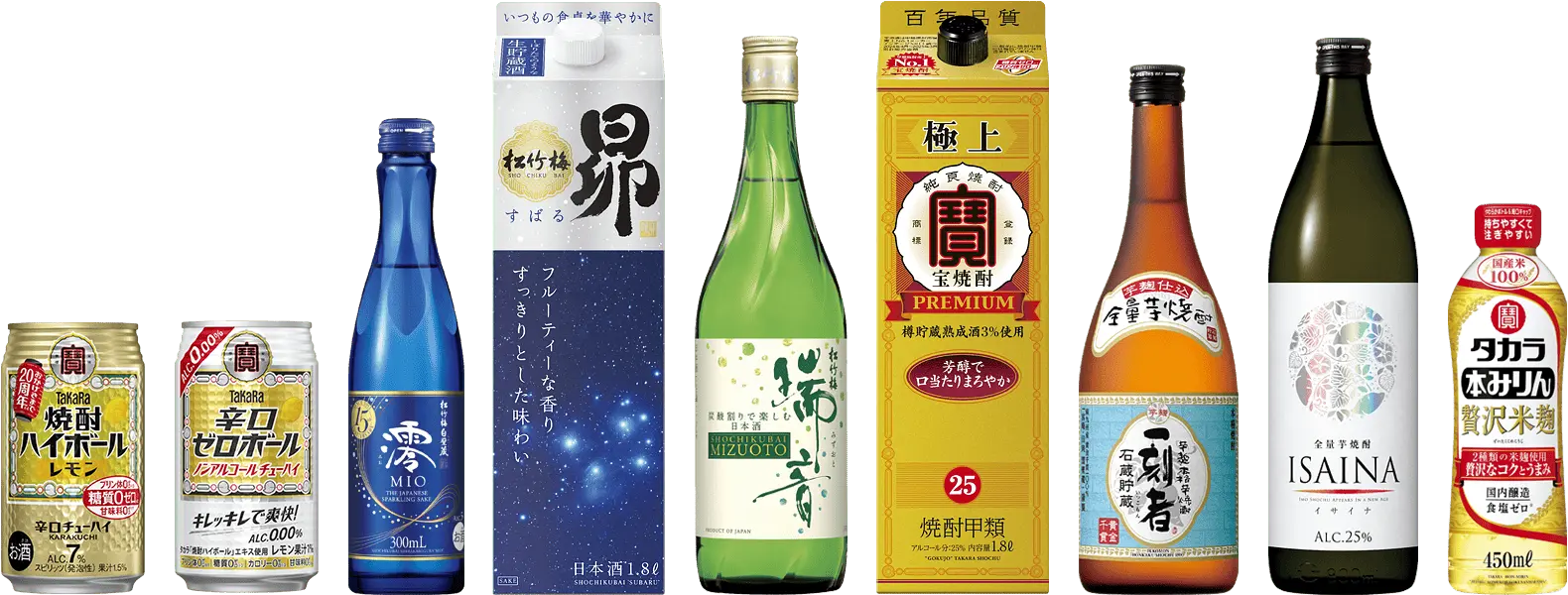 宝酒造を代表する商品群。甲類焼酎、日本酒、本みりんで高いシェアを誇る