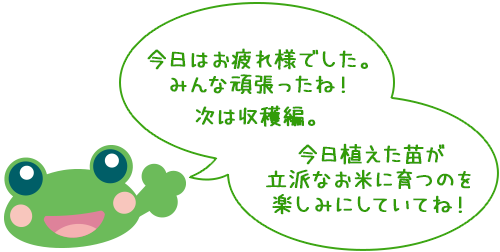 今日はお疲れ様でした。
みんな頑張ったね！
次は収穫編。

今日植えた苗が
立派なお米に育つのを
楽しみにしていてね！

